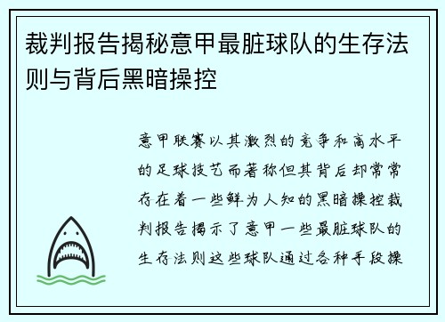 裁判报告揭秘意甲最脏球队的生存法则与背后黑暗操控