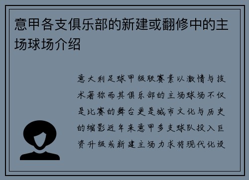 意甲各支俱乐部的新建或翻修中的主场球场介绍